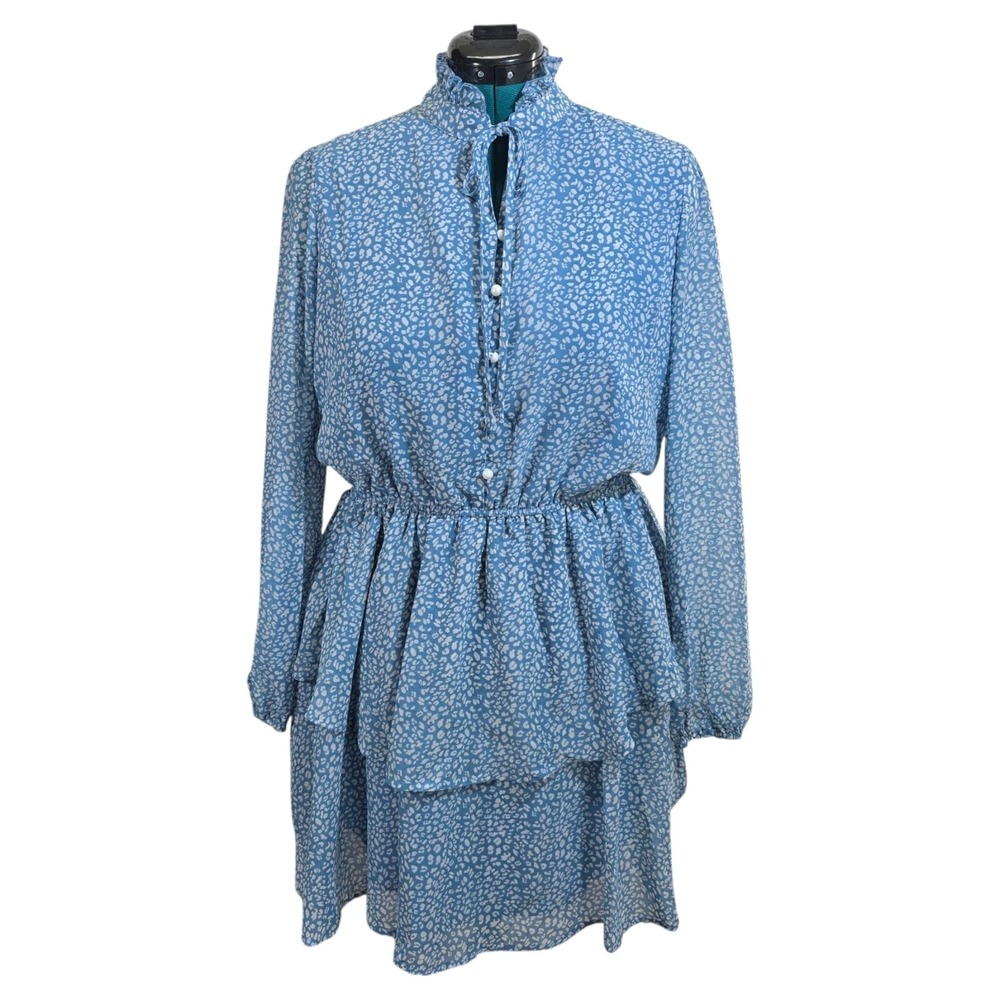KOJOOIN Dress Womens L Blue Wedding Guest Print Ruffle‎ Sheer Tiered Boho Mini